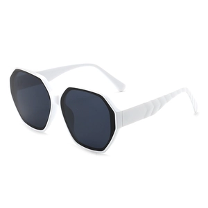 Modern white geometric hexagonal sunglasses with stylish wavy textured temples and dark lenses