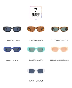 Detailed grid display showing seven color variations of retro narrow rectangular sunglasses