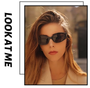 Fashionable small frame square sunglasses featuring black thick geometric cat eye frames