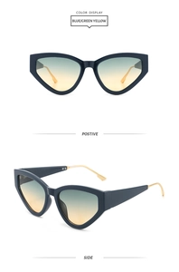 Détail de lunettes œil de chat, monture bleue, branches dorées et verres dégradés