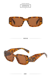 Detail view of leopard print square sunglasses with tea lenses showing side and front angles