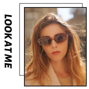 Retro cat-eye sunglasses with dark tea frames and gold temple hinges shown on a model