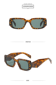 Detailed front and side views of vintage leopard print rectangular sunglasses