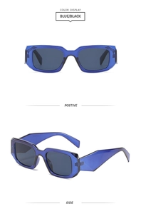 Detailed front and side view of rectangular blue transparent sunglasses with dark lenses