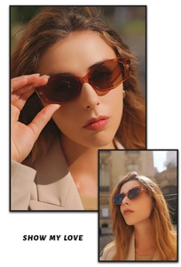 Close-up of amber geometric sunglasses with dark lenses on a model for urban style