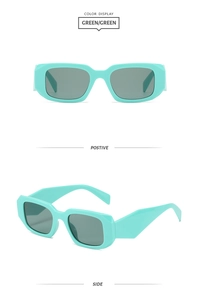 Positive and side view of thick rectangle mint green retro sunglasses with dark lenses