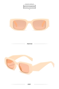 Front and side view of vintage beige rectangle sunglasses with orange tinted lenses