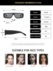 Detailed size chart for M325 rhinestone square sunglasses with frame dimensions and specs