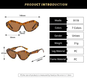 Detaillierte Größentabelle und Maße für Unisex-Sonnenbrillen aus Polycarbonat