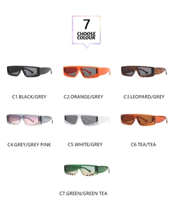 Detailed color chart showing seven rhinestone square frame sunglasses in various trendy tints