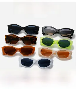 Flat lay of retro hexagonal sunglasses in seven various trendy colors with resin frames