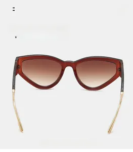 Détail de lunettes de soleil œil-de-chat avec monture marron translucide et branches dorées