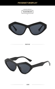 Detailansicht der schwarzen geometrischen Cat-Eye-Sonnenbrille mit Gläsern in Front- und Seitenansicht