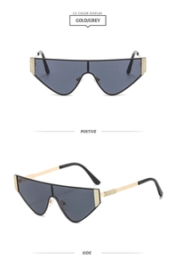 Detailed front and side views of gold and grey oversized cat-eye shield sunglasses