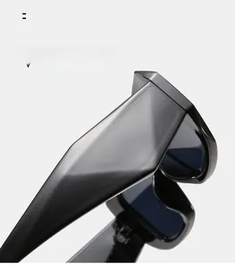 Detail of glossy black geometric sunglasses frame with fashion frame branding
