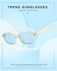 Detail of square yellow frame sunglasses with blue lenses and UV400 protection