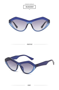 Detailansicht der blauen Katzenaugen-Sonnenbrille mit grauem Farbverlauf und Seitenprofil