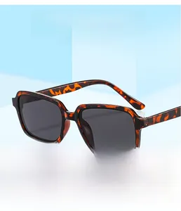 Detail of tortoise shell square frame sunglasses with dark grey lenses on a blue stand