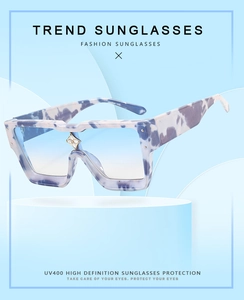 Detail of square sunglasses with blue marble texture frame and gold star bridge ornament