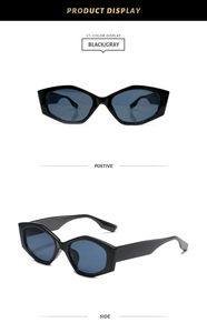 Detail display of black square frame sunglasses with dark gray lenses from multiple angles