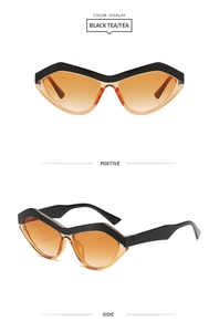 Detailansicht der rautenförmigen Sonnenbrille in Schwarztee mit Vorder- und Seitenansicht