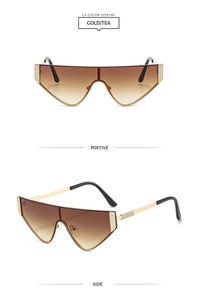Detail view of gold metal sunglasses with gradient tea lenses from front and side angles
