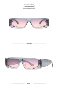 Detail of square glasses with rhinestones and pink gradient lenses from multiple angles