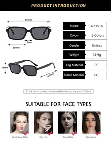 Detailed size chart for square frame sunglasses with PC frame measurements and weight details