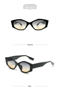 Detail view of black square sunglasses with gradient green to yellow lenses and wide temples