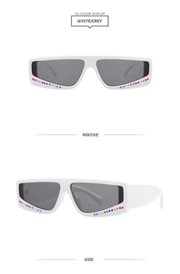 Detailed views of white rectangle sunglasses featuring multi-color rhinestone accents