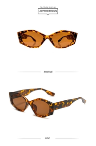 Detailed front and side view of leopard print rectangular sunglasses with brown lenses
