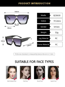 Detailed size chart for oversized square sunglasses showing frame width and lens height