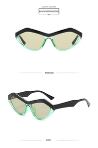 Detailansicht der geometrischen Cat-Eye-Sonnenbrille in Schwarz und Grün von vorn und seitlich