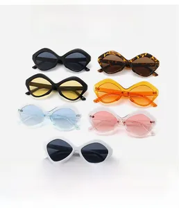 Detail showcasing seven vibrant colors of irregular geometric diamond-shaped sunglasses