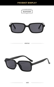 Front and 45-degree side views of black square frame sunglasses with gray lenses