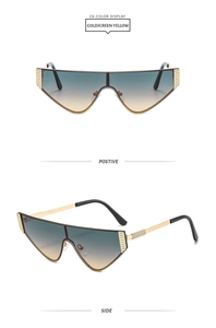 Detail of gold metal cat-eye sunglasses with gradient green lenses and woven temple hinges