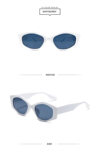 Detail view of modern geometric square sunglasses in thick white frames with grey lenses