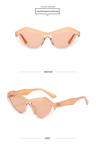 Detaillierte Vorder- und Seitenansicht der geometrischen Cat-Eye-Sonnenbrille in Champagner