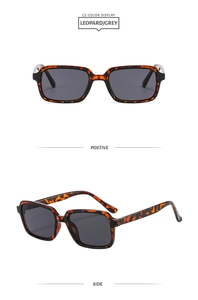 Front and side view of leopard print square sunglasses with dark grey lenses