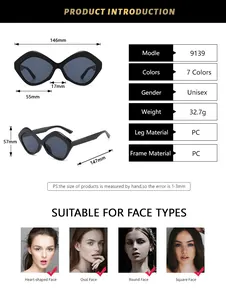 Size chart for geometric oversized sunglasses showing lens width and PC frame dimensions