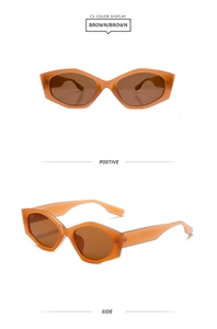 Front and side views of brown geometric square sunglasses with tinted brown lenses