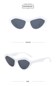 Detailsicht der weißen geometrischen Cat-Eye Sonnenbrille mit grauen polarisierten Gläsern