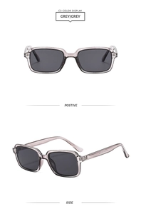 Detail view of square grey jelly sunglasses featuring side arm specifications and logo