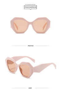 Dettaglio di occhiali da sole geometrici rosa oversize da angolazione frontale e laterale