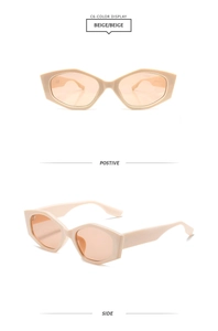 Detailed front and side views of beige hexagonal retro sunglasses with wide temples