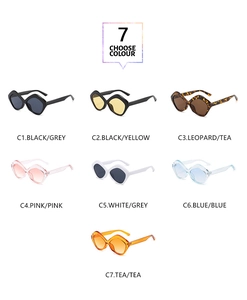 Matrix display of diamond-shaped sunglasses in seven different color options and frames