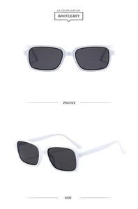 Front and side views of retro square sunglasses with white frames and grey lenses