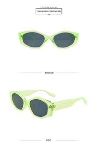 Detail view of transparent neon green hexagonal sunglasses with dark gray lenses
