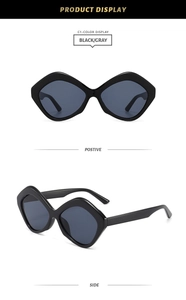 Front and side views of black geometric diamond sunglasses with dark gray lenses