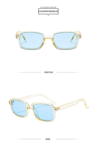 Front and side view of square champagne sunglasses with light blue lenses and transparent frame